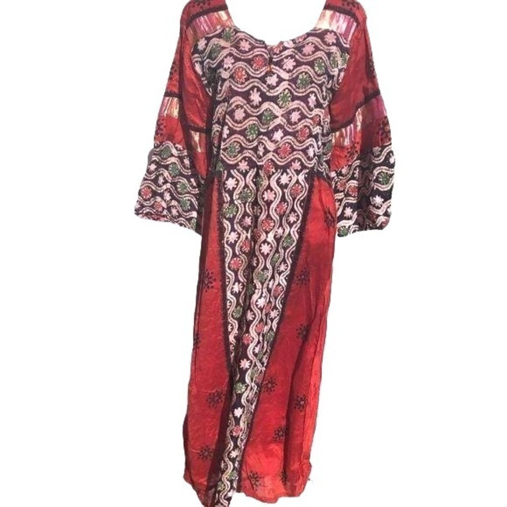 Embellished Caftan Womens Vintage Ethnic Red Black Zip Gold Threading Block Dyed